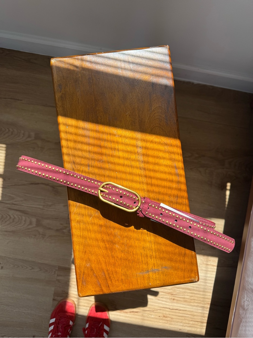 Studded Burgundy Suede Belt with Gold Buckle